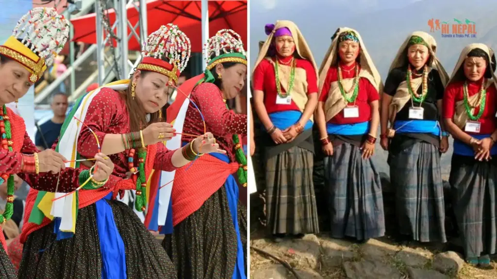 A group of gurung people in their cultural dress 