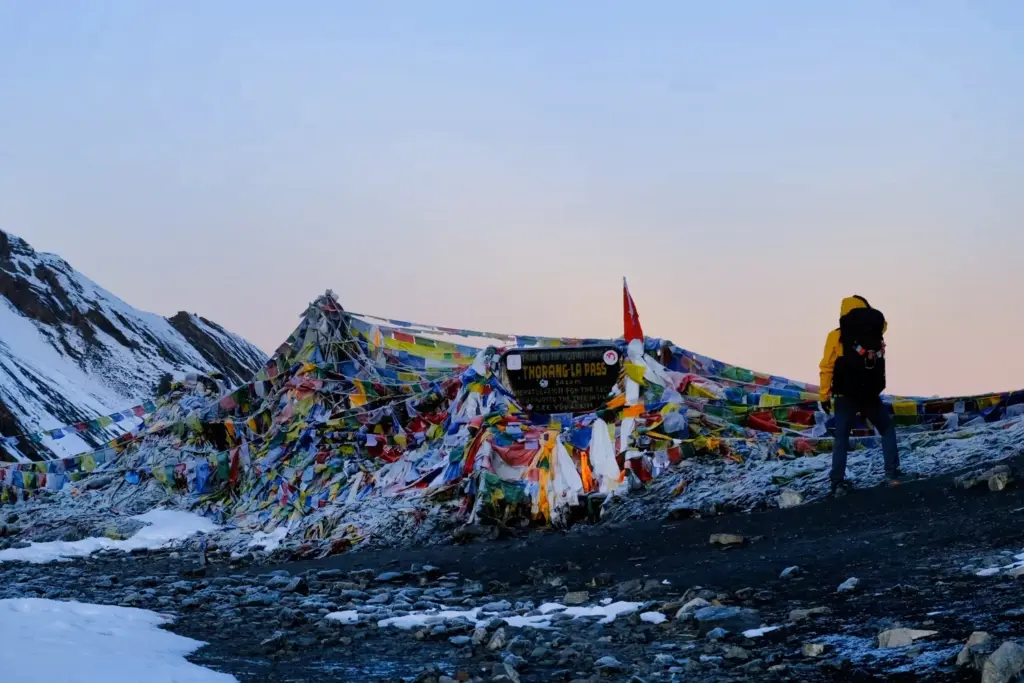 Prayer flag in Thorong La Pass in Annapurna Circuit Trek