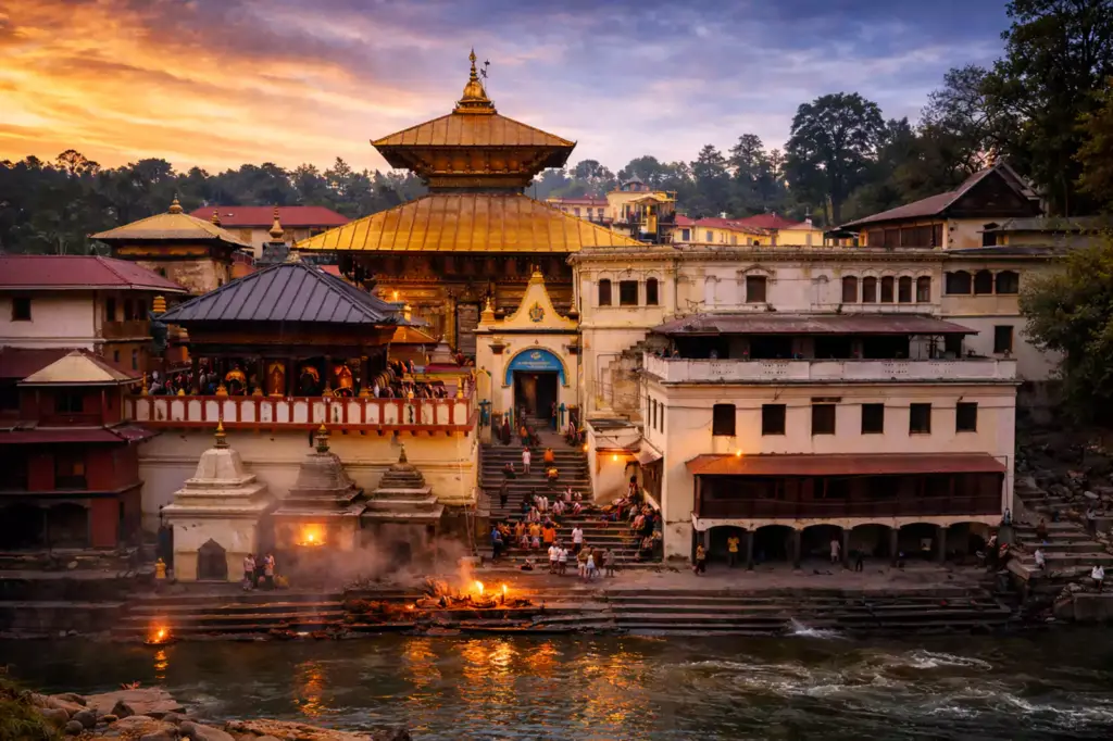 Beautiful night view of pashupatinath temple with bagmati river