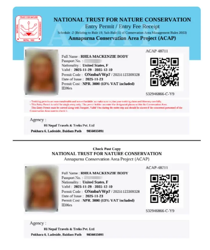 Annapurna Conservation Area Permit (ACAP) issued by Hi Nepal Travels and Treks