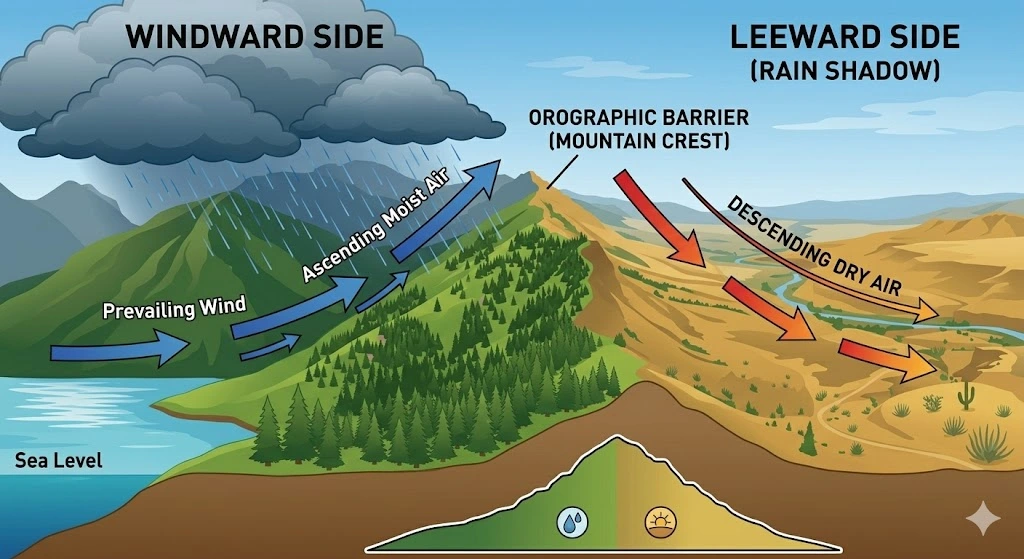 Visual representation of Rain shadow effect in mountain area Nepal