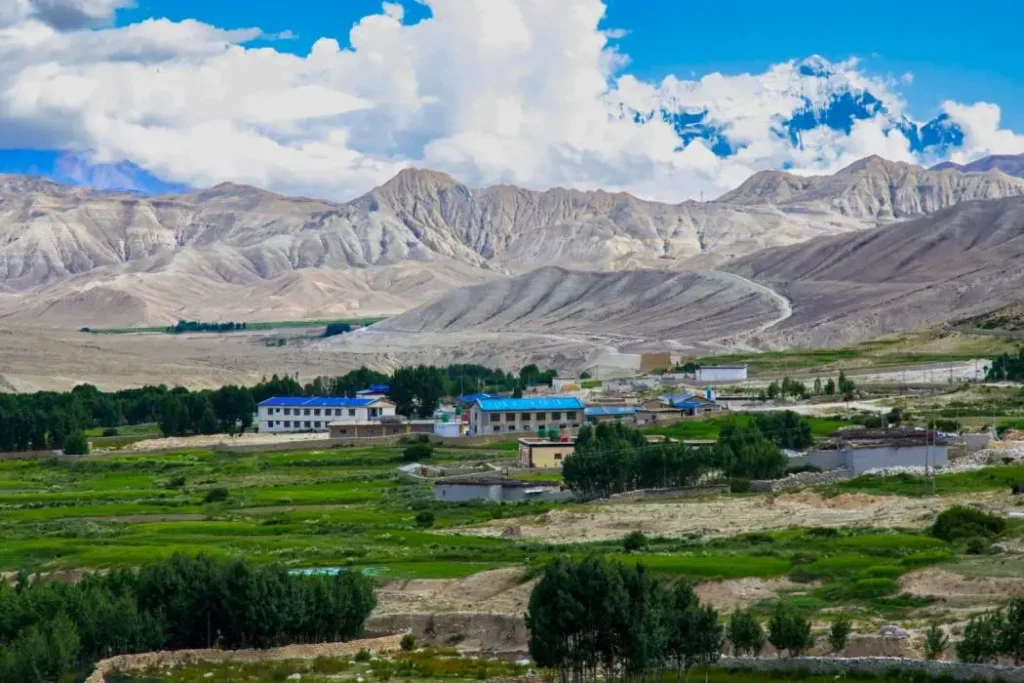 Lush green agricultural fields and blue-roofed village buildings set against arid Himalayan mountains in Upper Mustang