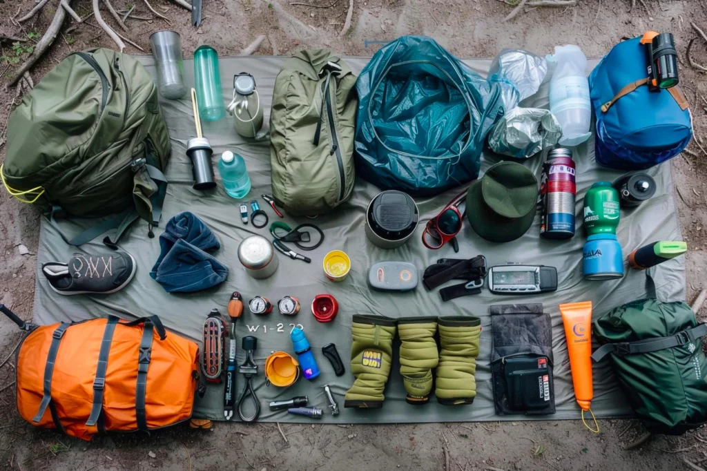 A mat with many trekking equipments