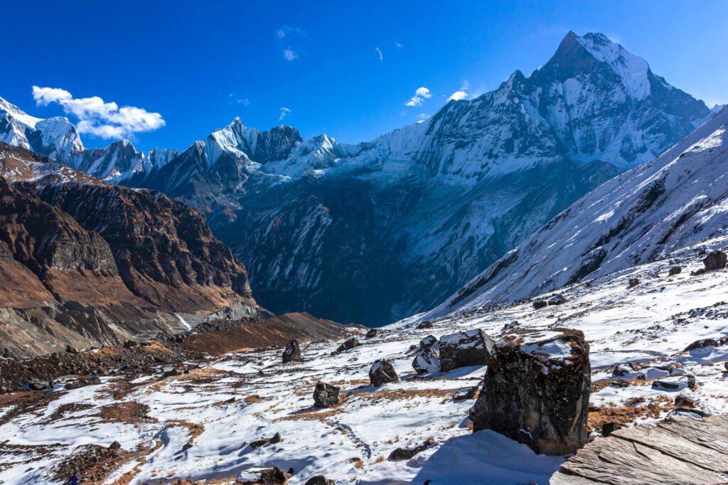 Annapurna base ccamp view with machapuchre mountain