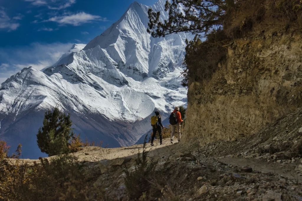 Trekkers hiking on the Annapurna Circuit in Nepal