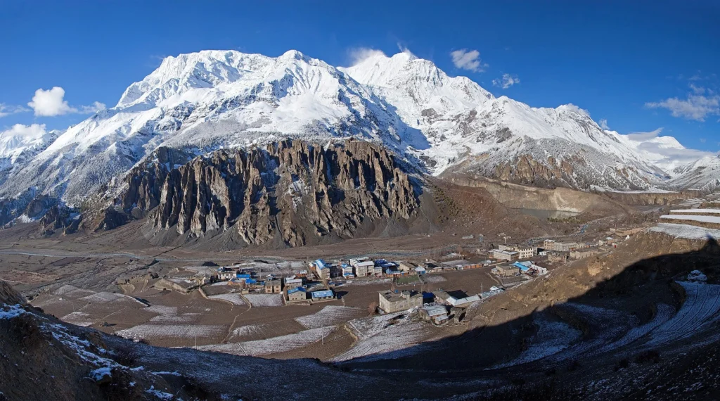 Beautiful manang village in Nepal with mountain views in the back