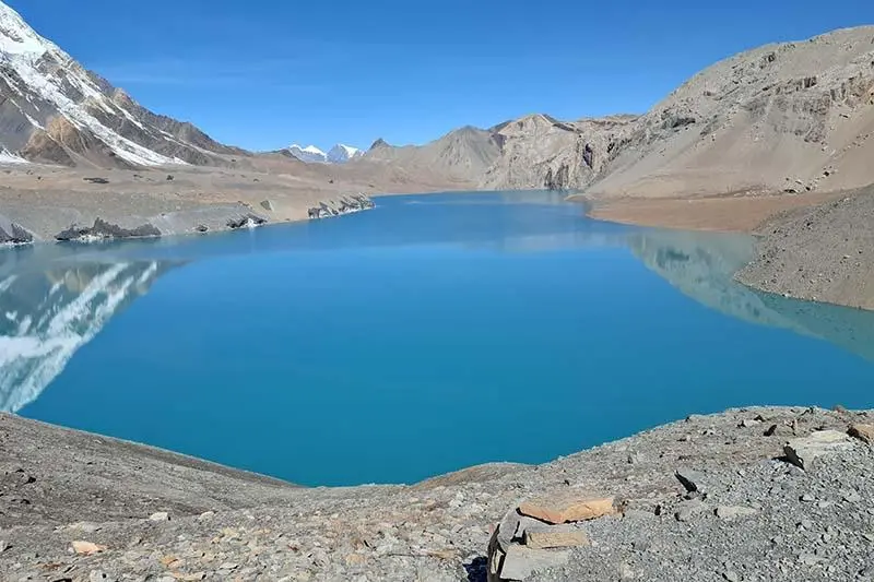 Clear blue colored Tilicho Lake during summer season