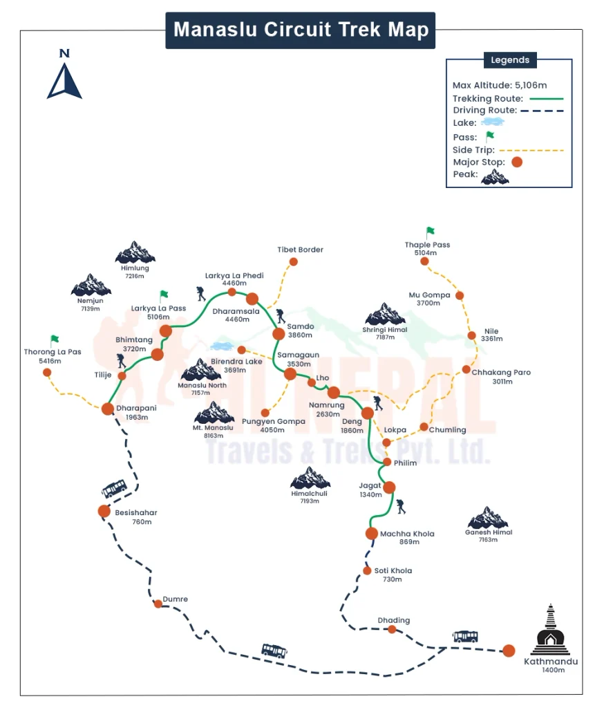 Manaslu Circuit Trek Map and Route from kathmandu